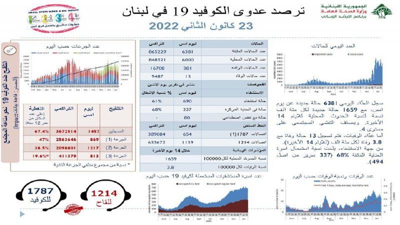 وزارة الصحة اللبنانية: 13 حالة وفاة و6381 إصابة جديدة بفيروس كورونا