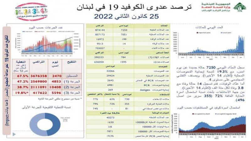 وزارة الصحة اللبنانية: 7250 إصابة جديدة و 14 حالة وفاة بفيروس كورونا خلال الـ24 ساعة الماضية