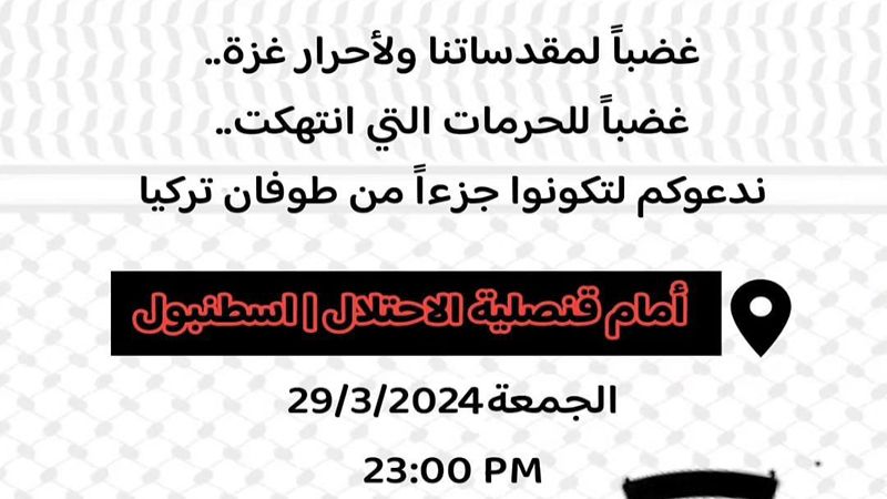 تركيا| دعوات شبابية للتظاهر أمام قنصلية العدو الإسرائيلي في اسطنبول