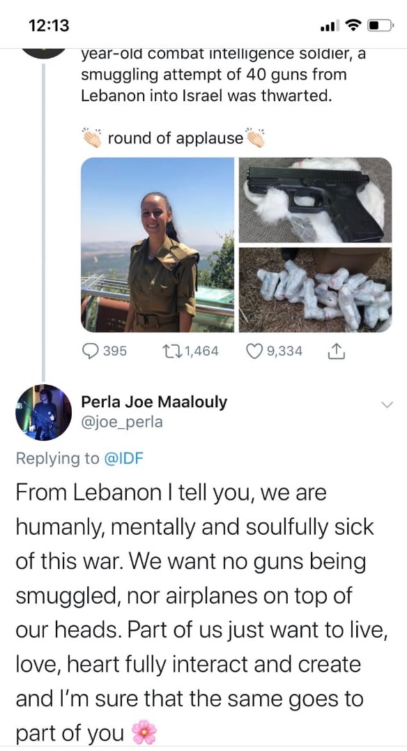 تغريدة بيرلا جو معلولي على حساب جيش الإحتلال