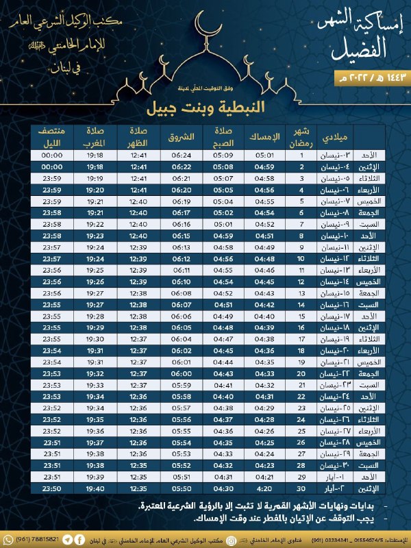 امساكية شهر رمضان المبارك للعام 1443/ 2022