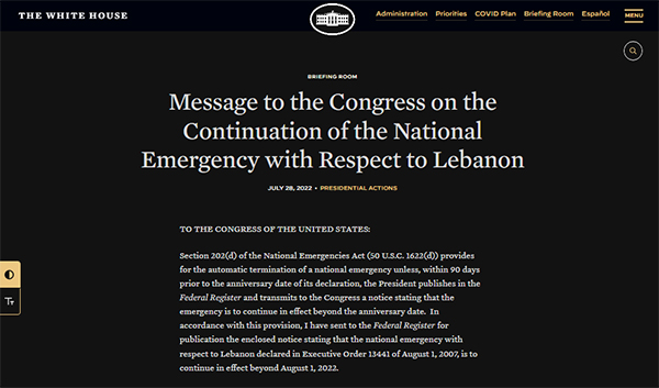 بايدن يطلب من الكونغرس تمديد حالة الطوارئ الخاصة بلبنان